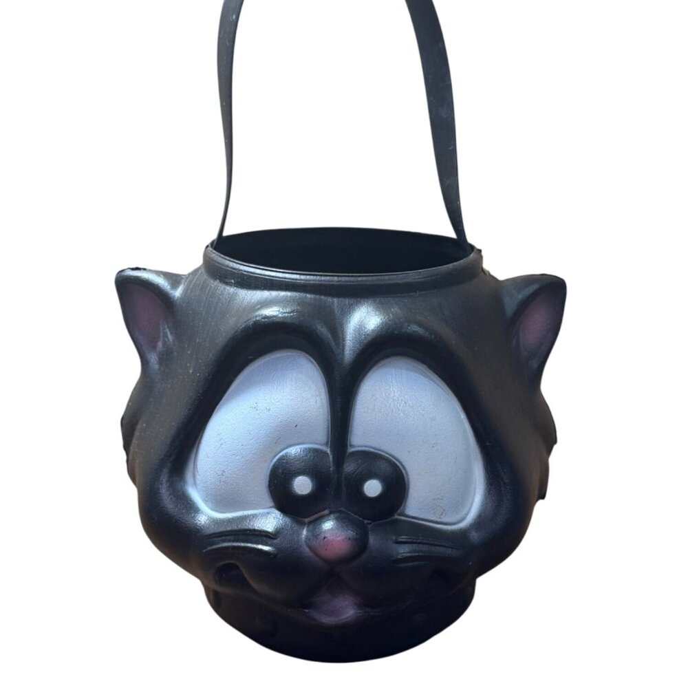 Vintage Black Cat Halloween Trick Or Treat Candy Bucket Cartoon Eyes Blow Mold